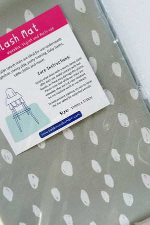 Splash Mat Sage Spots, in clear packaging with a label stating wipeable and size 110cm x 110cm