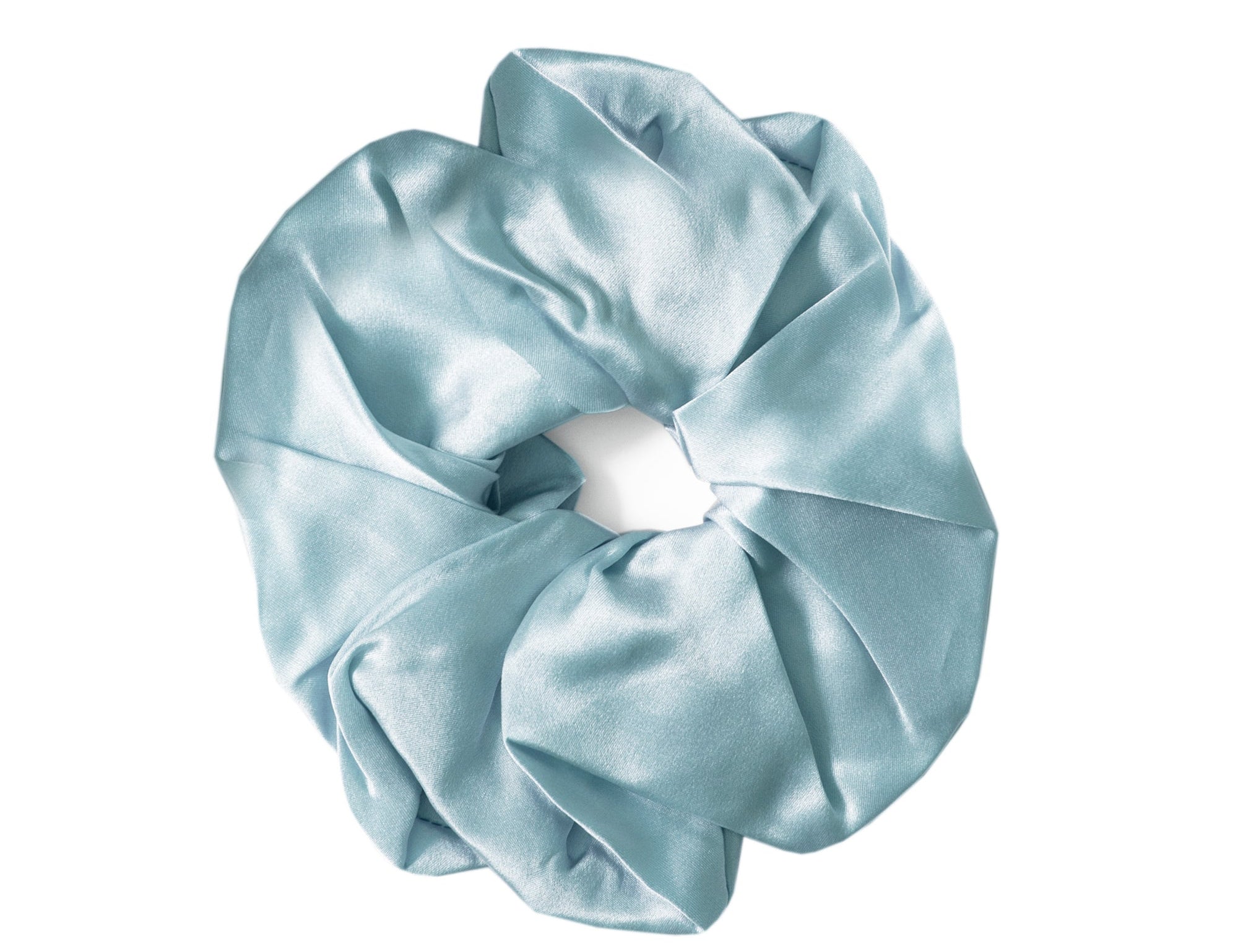 A single light blue satin hair scrunchie on a solid white background.