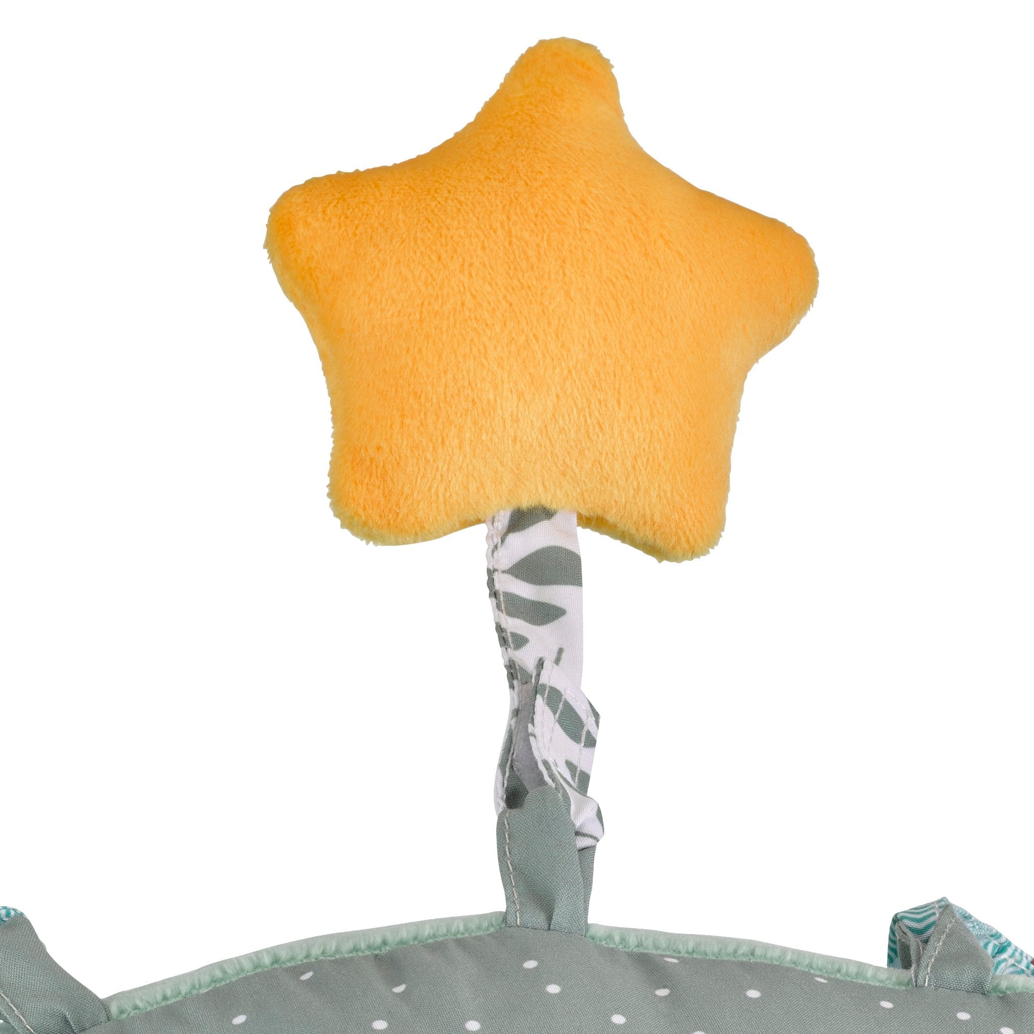 Sophie la girafe Cosy Play Cushion, close-up of the soft yellow plush star toy on a leaf print strap