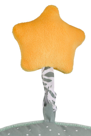 Sophie la girafe Cosy Play Cushion, close-up of the soft yellow plush star toy on a leaf print strap