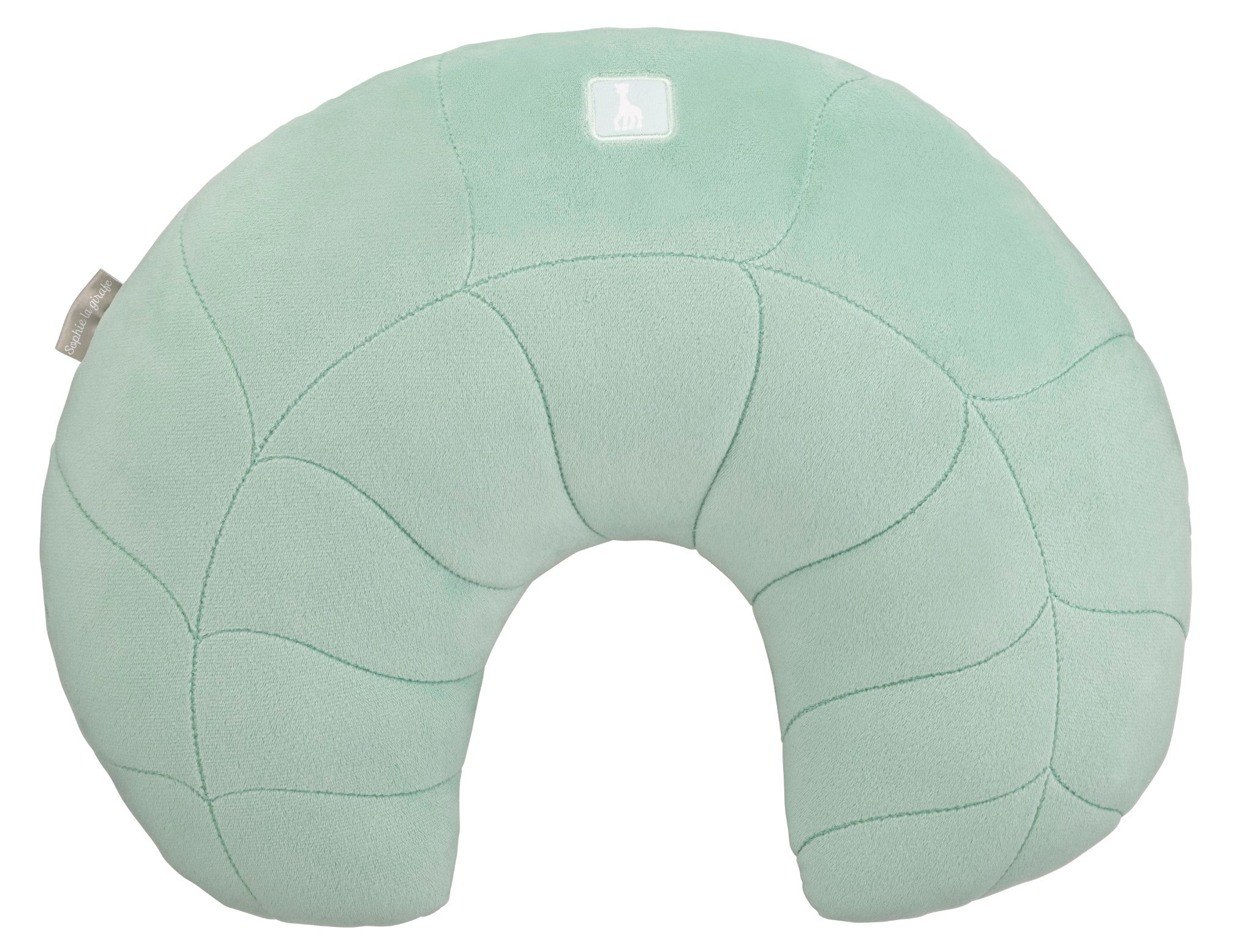 Sophie la girafe Cosy Play Cushion, back of the cushion in plain pale green with quilted leaf pattern stitching