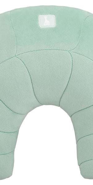 Sophie la girafe Cosy Play Cushion, back of the cushion in plain pale green with quilted leaf pattern stitching