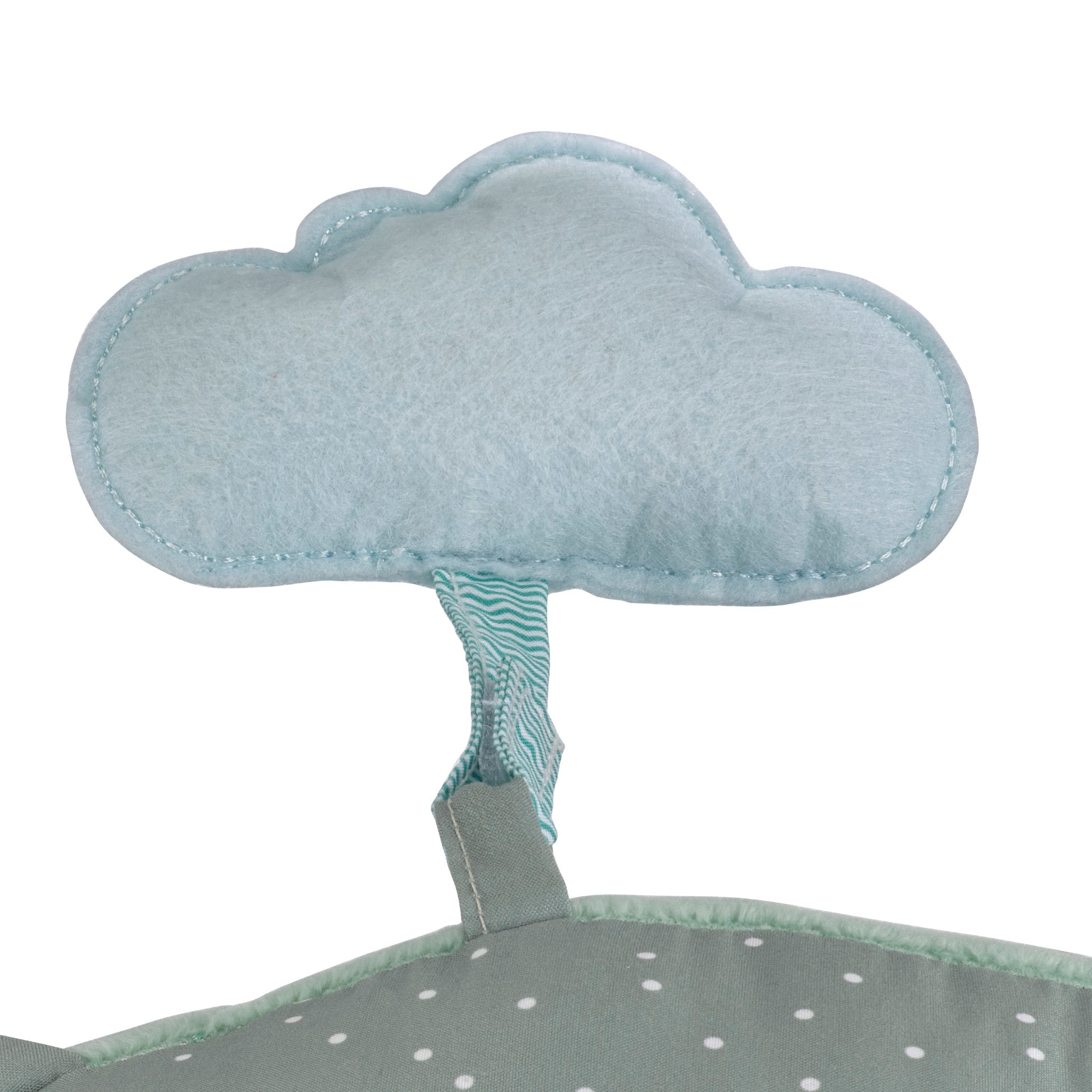 Sophie la girafe Cosy Play Cushion, close-up of the pale blue felt cloud toy on a striped strap
