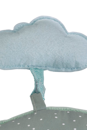 Sophie la girafe Cosy Play Cushion, close-up of the pale blue felt cloud toy on a striped strap