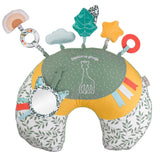 Sophie la girafe Cosy Play Cushion, front view with hanging rainbow, cloud, leaf, star and ring toys and a mirror