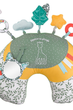 Sophie la girafe Cosy Play Cushion, front view with hanging rainbow, cloud, leaf, star and ring toys and a mirror