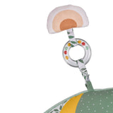 Sophie la girafe Cosy Play Cushion, close-up of the rainbow toy and clear bead rattle ring on straps