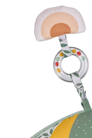 Sophie la girafe Cosy Play Cushion, close-up of the rainbow toy and clear bead rattle ring on straps