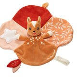 FanFan the Fawn Comforter, orange, laid flat showing red ribbed, leaf print and star patch panels behind the fawn