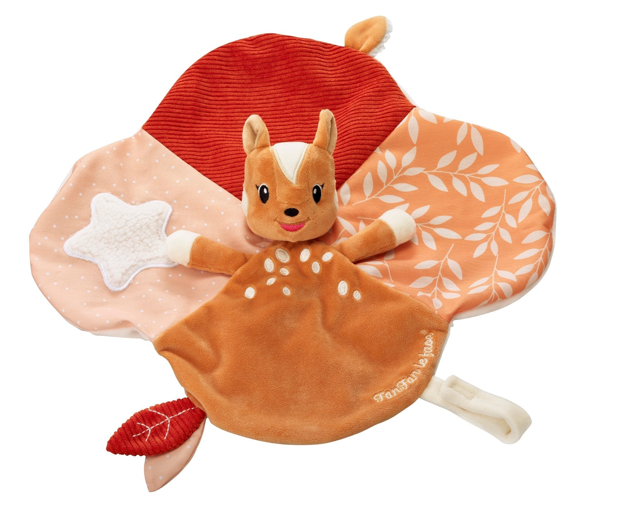 FanFan the Fawn Comforter, orange, laid flat showing red ribbed, leaf print and star patch panels behind the fawn