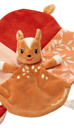 FanFan the Fawn Comforter, orange, laid flat showing red ribbed, leaf print and star patch panels behind the fawn