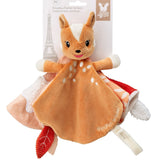 FanFan the Fawn Comforter, orange, in its packaging with a card marked 3m+ and an Eiffel Tower drawing