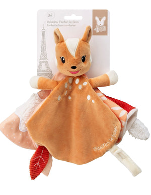 FanFan the Fawn Comforter, orange, in its packaging with a card marked 3m+ and an Eiffel Tower drawing