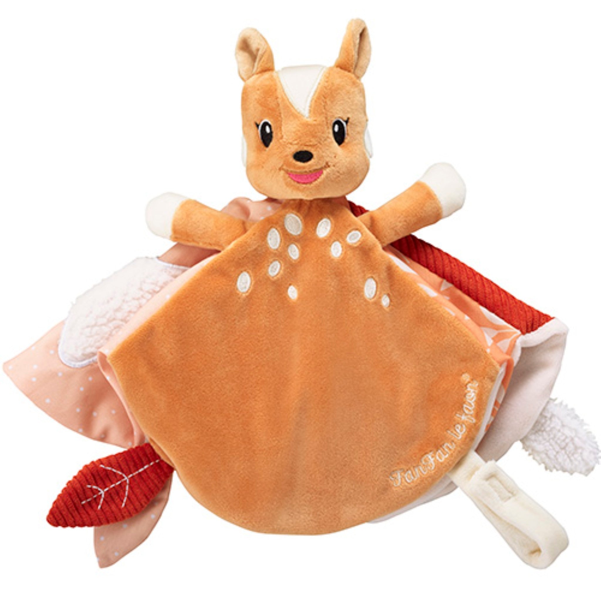 FanFan the Fawn Comforter, orange, front view on white with fawn head, white spots and a cream clip loop