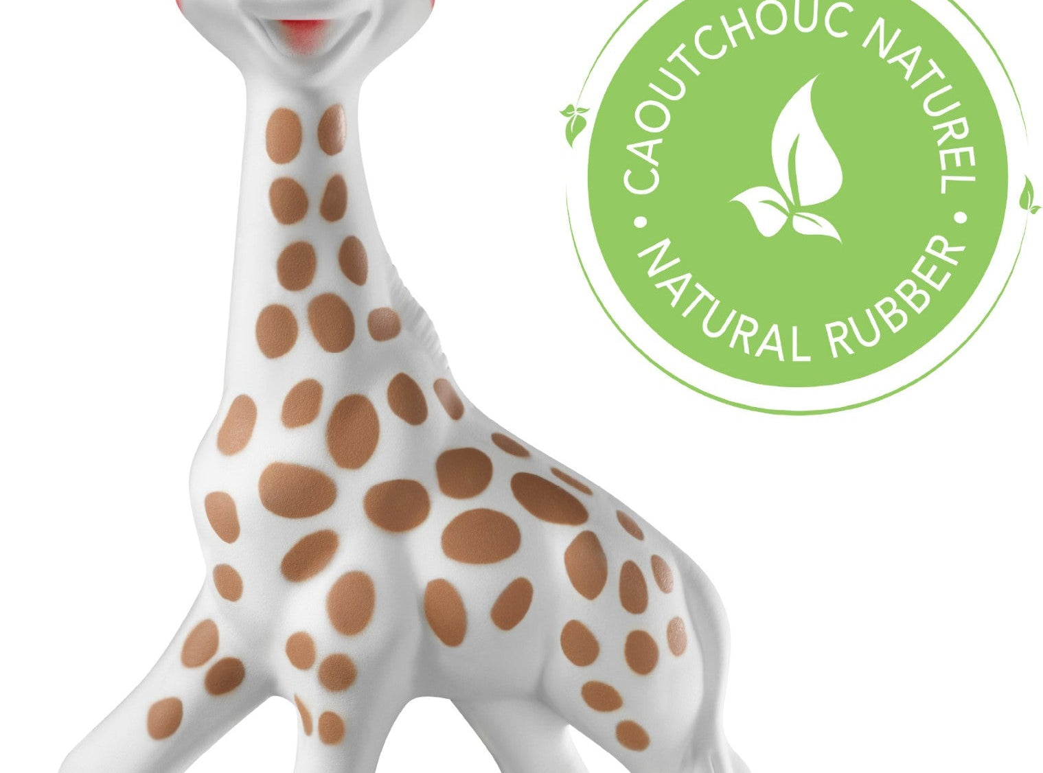 Sophie la girafe My Birth Outfit Gift Set giraffe toy front view with a green natural rubber badge