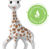 Sophie la girafe My Birth Outfit Gift Set giraffe toy front view with a green natural rubber badge