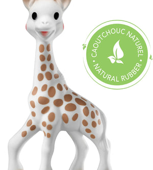 Sophie la girafe My Birth Outfit Gift Set giraffe toy front view with a green natural rubber badge