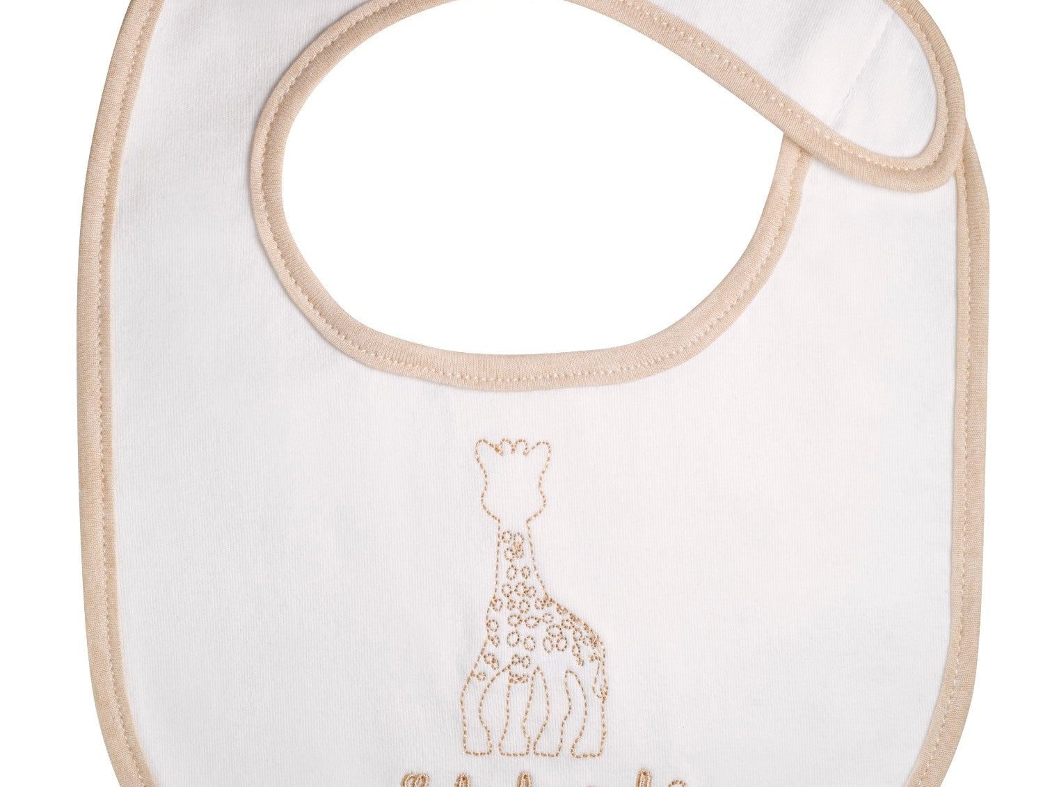 Sophie la girafe My Birth Outfit Gift Set white bib with tan trim and embroidered giraffe and name