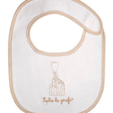Sophie la girafe My Birth Outfit Gift Set white bib with tan trim and embroidered giraffe and name