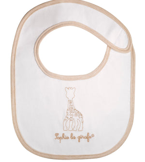 Sophie la girafe My Birth Outfit Gift Set white bib with tan trim and embroidered giraffe and name