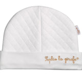 Sophie la girafe My Birth Outfit Gift Set white quilted hat with gold embroidered name on the folded brim