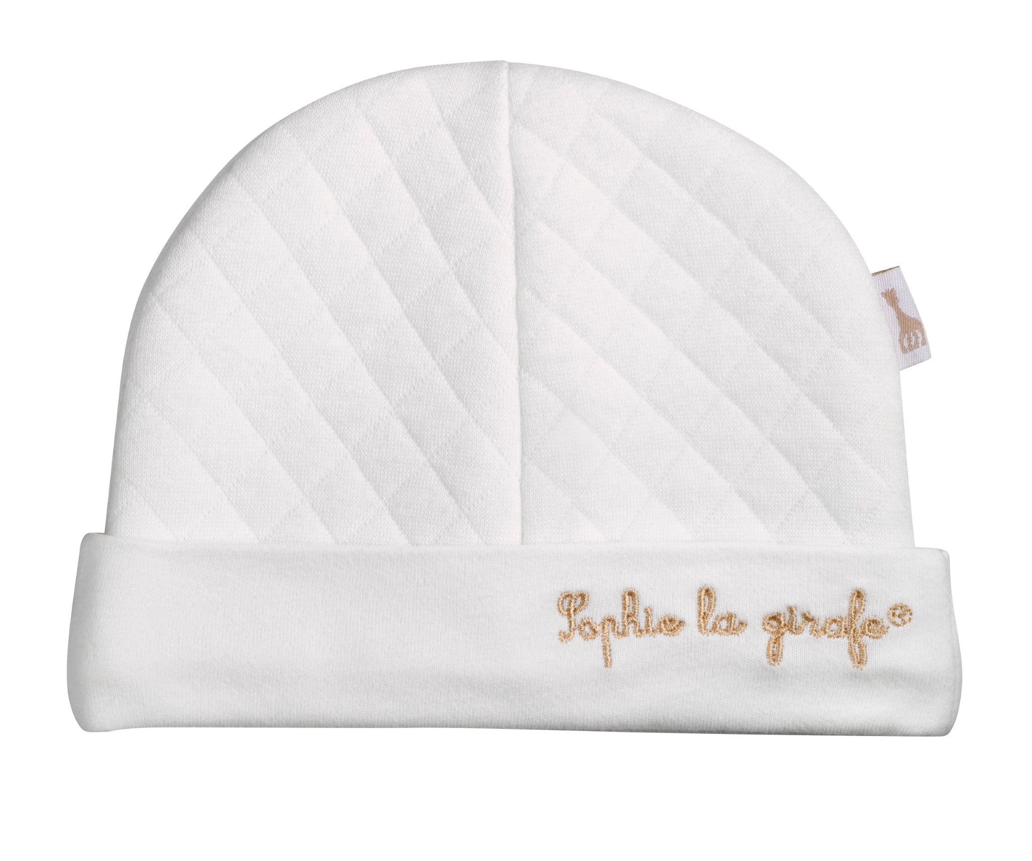 Sophie la girafe My Birth Outfit Gift Set white quilted hat with gold embroidered name on the folded brim