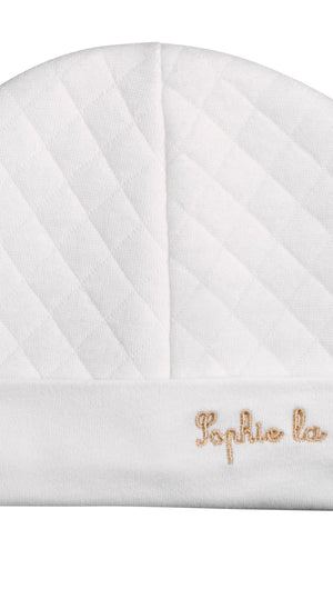 Sophie la girafe My Birth Outfit Gift Set white quilted hat with gold embroidered name on the folded brim
