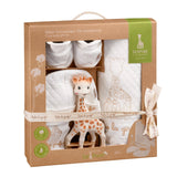 Sophie la girafe My Birth Outfit Gift Set in its kraft window box with booties, hat, blanket and giraffe toy, 0m+ label
