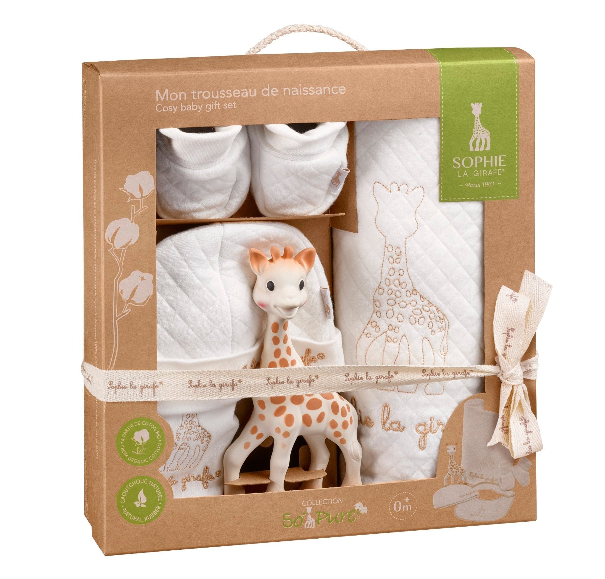 Sophie la girafe My Birth Outfit Gift Set in its kraft window box with booties, hat, blanket and giraffe toy, 0m+ label