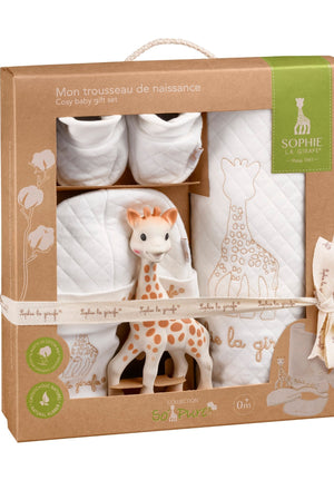 Sophie la girafe My Birth Outfit Gift Set in its kraft window box with booties, hat, blanket and giraffe toy, 0m+ label