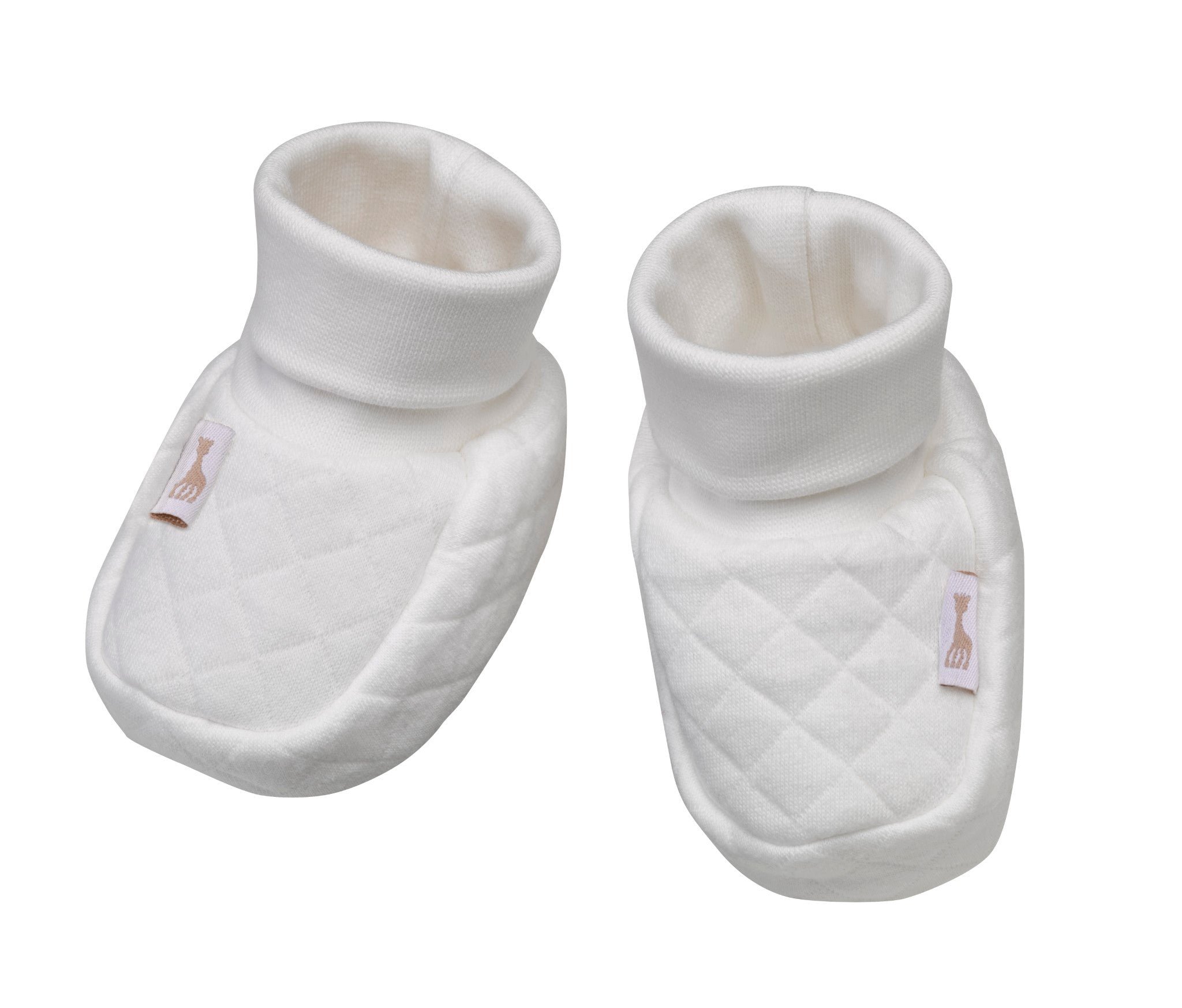 Sophie la girafe My Birth Outfit Gift Set white quilted booties with turned-over cuffs and small giraffe tags