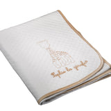 Sophie la girafe My Birth Outfit Gift Set folded white quilted blanket with embroidered giraffe and tan edging