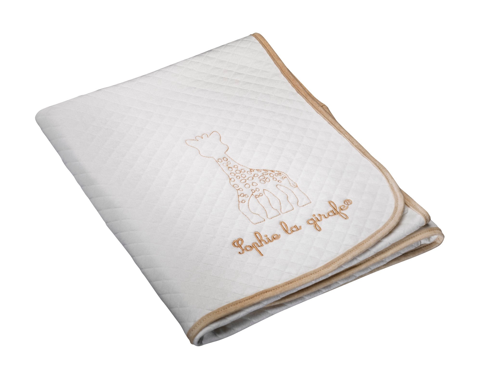Sophie la girafe My Birth Outfit Gift Set folded white quilted blanket with embroidered giraffe and tan edging