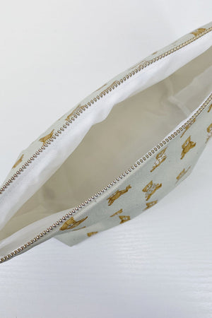 Teddy Bear Print nappy wallet, zip fully open from above showing the plain white lining inside
