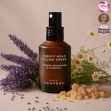Sleepy Head Pillow Spray with lavender, chamomile and frankincense, with three award badges in the corner