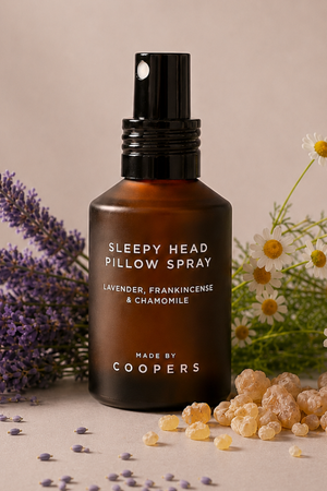 Sleepy Head Pillow Spray with lavender, chamomile and frankincense, with three award badges in the corner