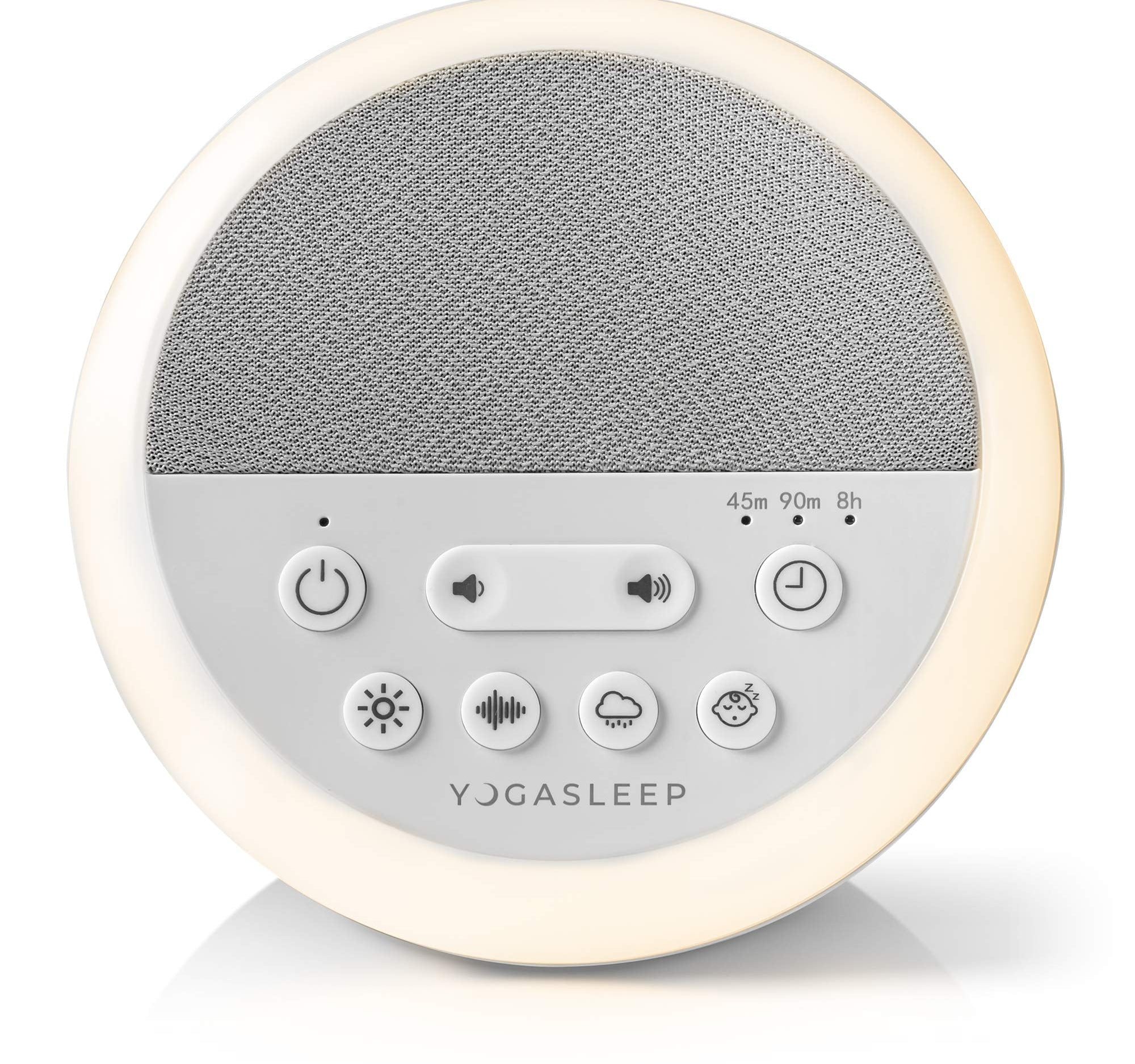 Yogasleep Nod white noise sound machine glowing with its soft amber night light
