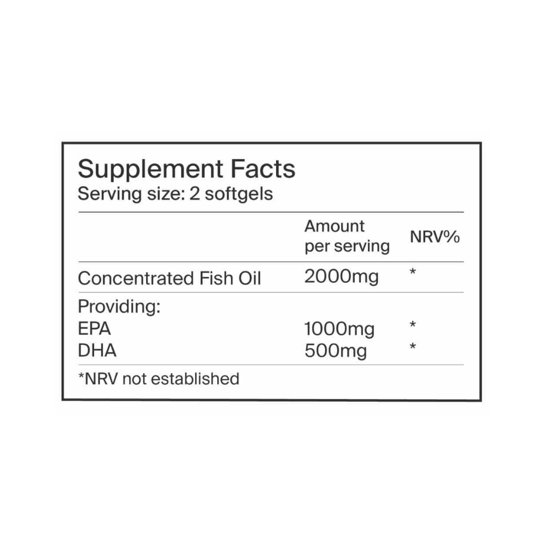 Ingredients in our Omega-3 supplement include concentrated fish oil providing omega EPA and DHA.
