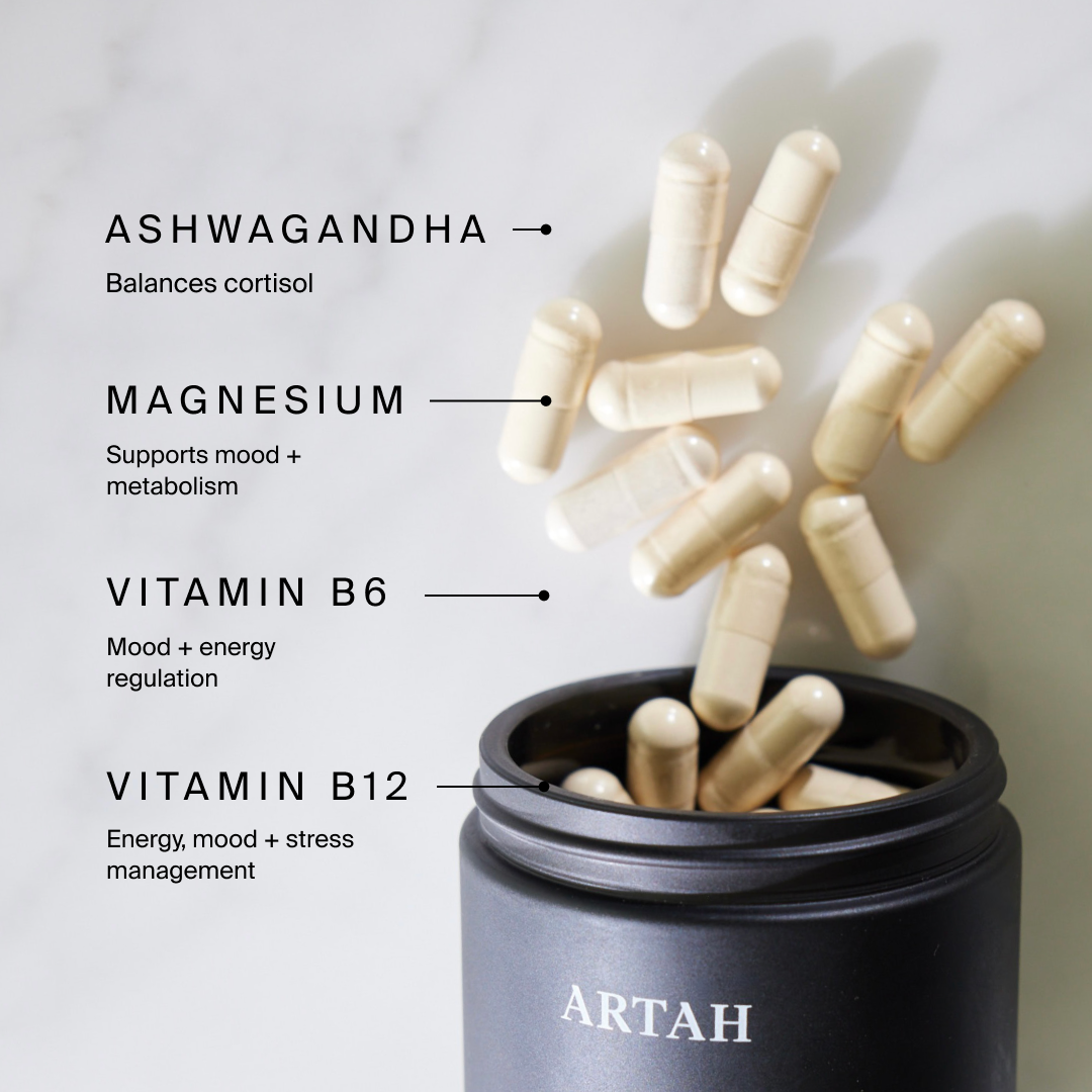 Ingredients include Ashwagandha, Magnesium, Vitamin B6 and B12