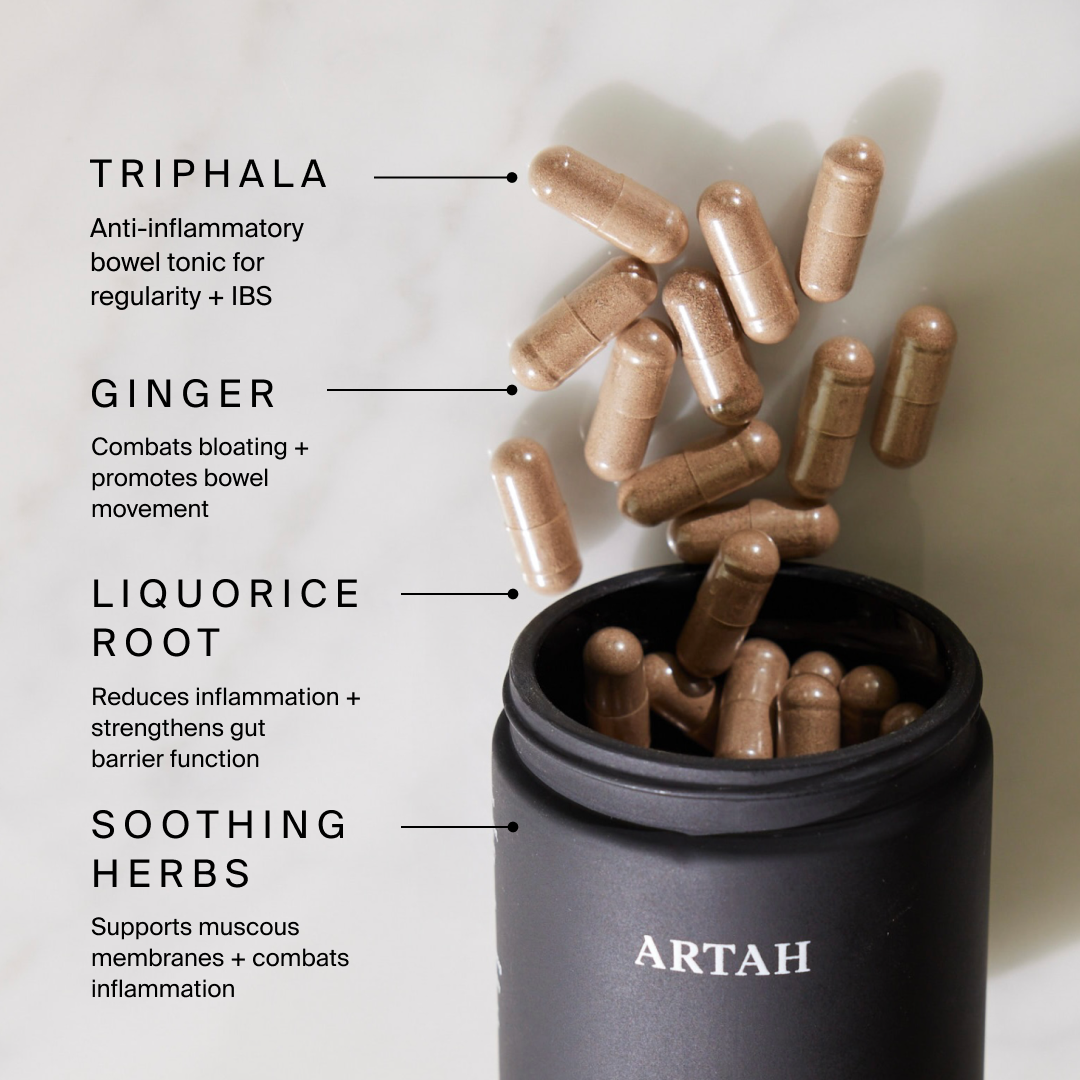 Ingredients include Triphala, Ginger, Liquorice Root and soothing herbs