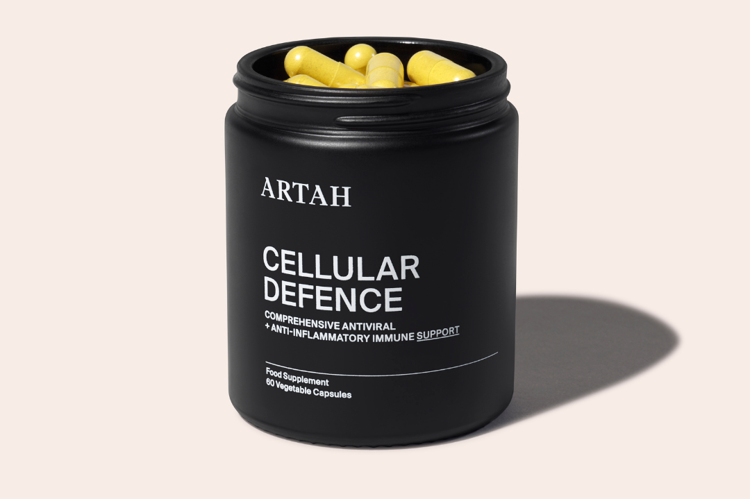 A jar of Cellular Defence with capsules, comprehensive antiviral & anti-inflammatory immune support