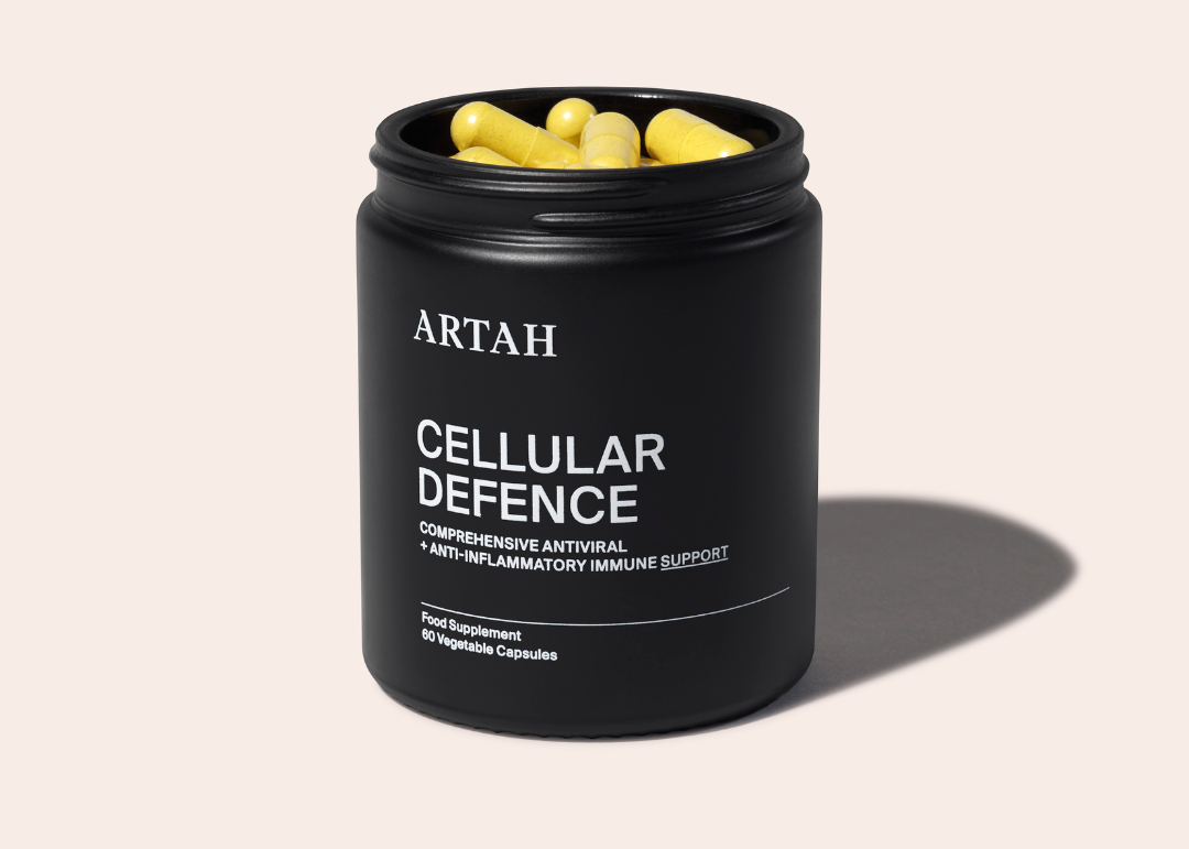 A jar of Cellular Defence with capsules, comprehensive antiviral & anti-inflammatory immune support